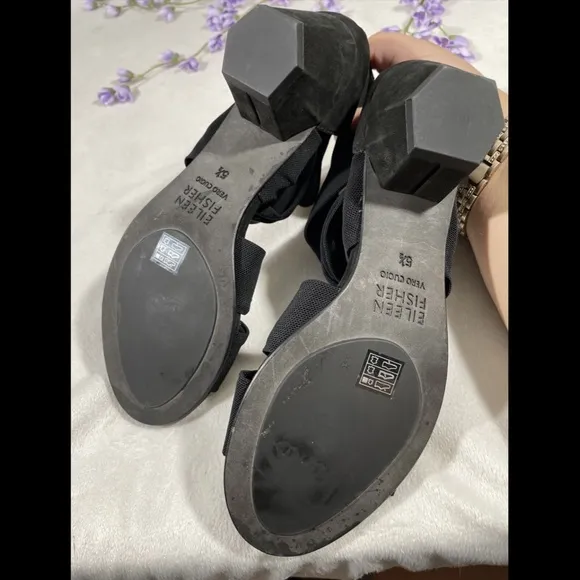 $195 Eileen Fisher Joy‎ Twist Strappy Heeled Sandals in Black [SZ 5.5 ]