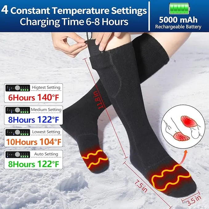 2023 Heated Socks for Men Women, 5V 5000mAh Thermostatic Control Rechargeable Battery Powered Heated Socks Women, Warm Electric Socks for Indoor Outdoor Riding Camping Hiking Hunting Skiing (6-14US)