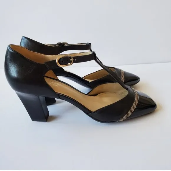 7 WIDE Naturalizer N5 comfort t-strap heeled shoes black patent