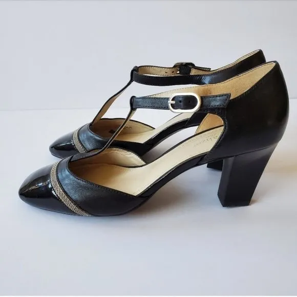 7 WIDE Naturalizer N5 comfort t-strap heeled shoes black patent