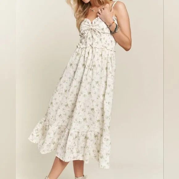 ADORA Smocked Floral Sweetheart Neck Cami Dress Midi Dress in Cream