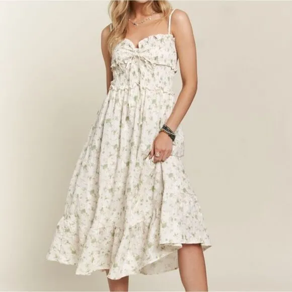 ADORA Smocked Floral Sweetheart Neck Cami Dress Midi Dress in Cream