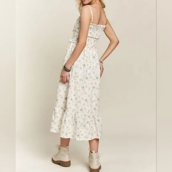 ADORA Smocked Floral Sweetheart Neck Cami Dress Midi Dress in Cream