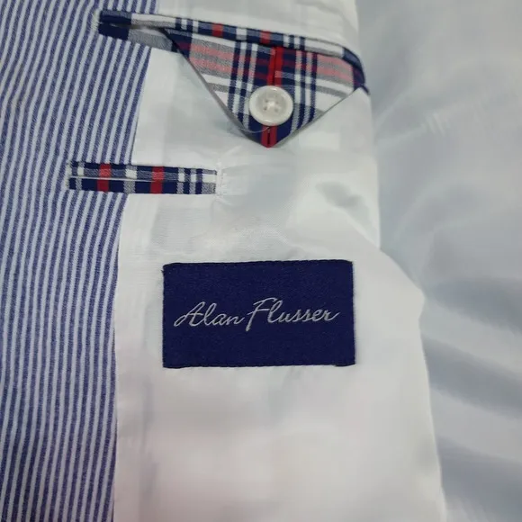 Alan Flusser Blazer Jacket Sports Coat Mens Sz 44 Reg Blue White Preppy Coastal