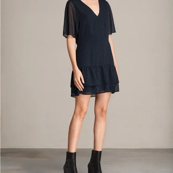 All Saints Marley Shimmer Mystic Blue Short Sleeve Mini Dress Size: 6