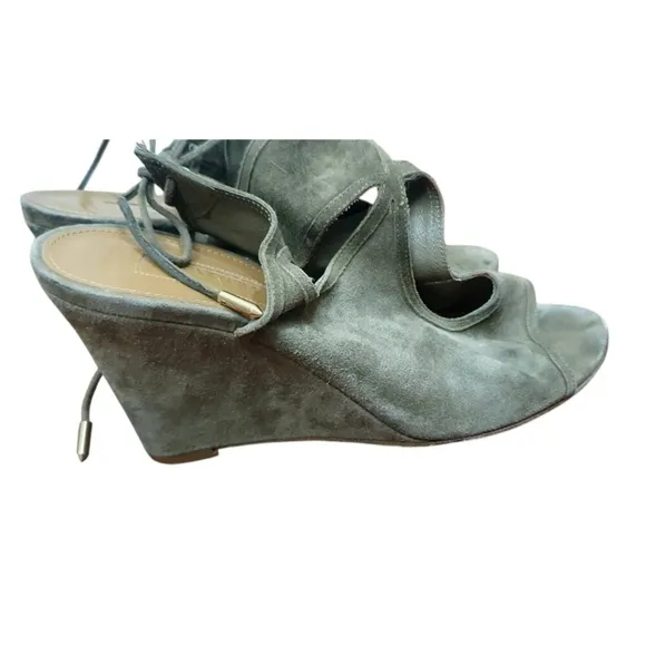 Aquazzura 85mm Sexy Thing Suede Wedge Sandals Olive Truffle Size 37.5