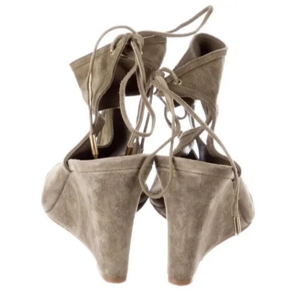 Aquazzura 85mm Sexy Thing Suede Wedge Sandals Olive Truffle Size 37.5