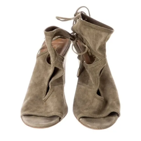 Aquazzura 85mm Sexy Thing Suede Wedge Sandals Olive Truffle Size 37.5