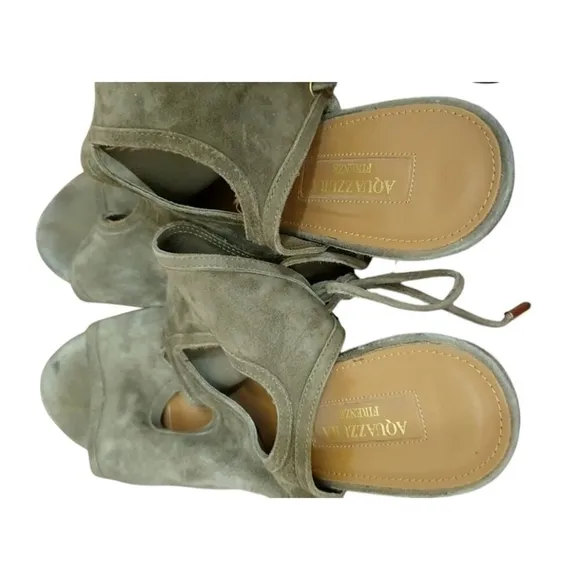 Aquazzura 85mm Sexy Thing Suede Wedge Sandals Olive Truffle Size 37.5