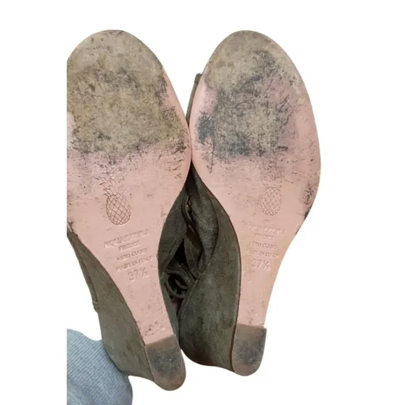 Aquazzura 85mm Sexy Thing Suede Wedge Sandals Olive Truffle Size 37.5