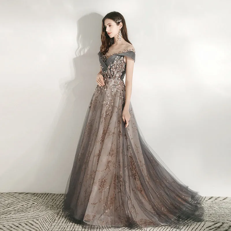 Beautiful Grey Shiny Tulle and Lace Long Formal Dress Party Dress, V-neckline Prom Dress 2022