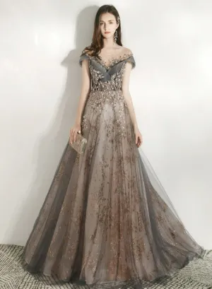 Beautiful Grey Shiny Tulle and Lace Long Formal Dress Party Dress, V-neckline Prom Dress 2022