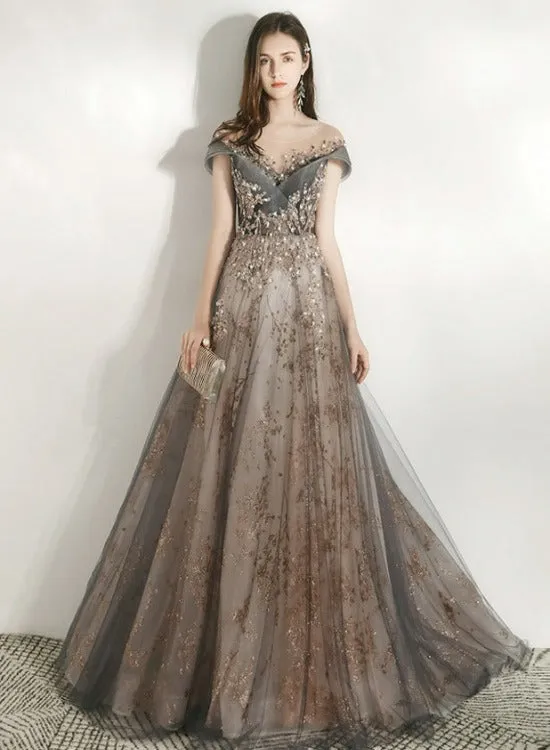 Beautiful Grey Shiny Tulle and Lace Long Formal Dress Party Dress, V-neckline Prom Dress 2022