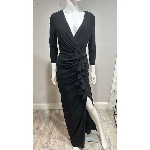 Betsy &amp; Adam Black Aubree 3/4 Sleeve V-Neck Jersey Wrap Dress Size 10