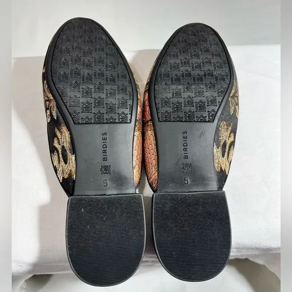 Birdies Black Quilted Floral Print Mules Size 5