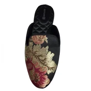 Birdies Black Quilted Floral Print Mules Size 5