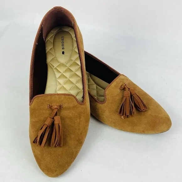 Birdies Brown Suede Tassel Loafers Slip On Flats Shoes Size 8 Comfort Driving