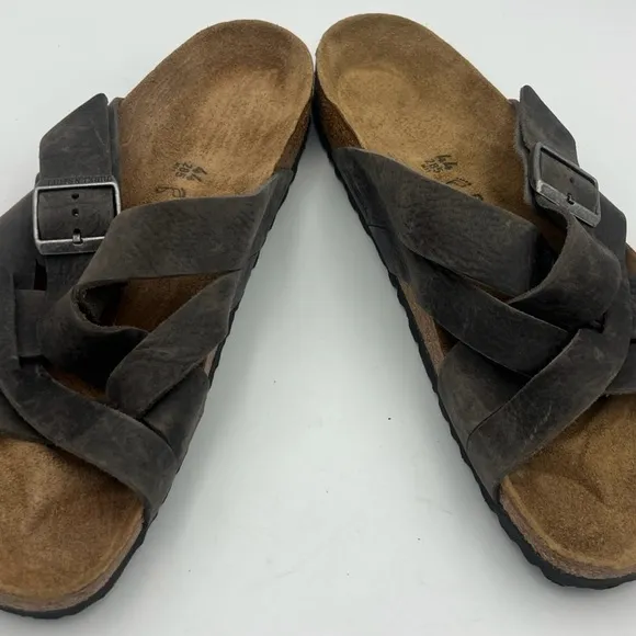 BIRKENSTOCK Men’s Lugano Slide Sandals Dark Gray Oiled Leather Size 44/11 US NEW