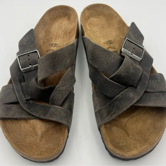 BIRKENSTOCK Men’s Lugano Slide Sandals Dark Gray Oiled Leather Size 44/11 US NEW
