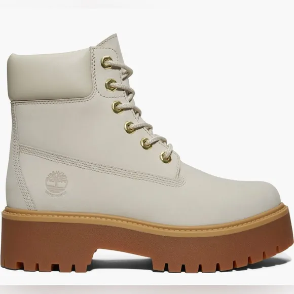 BNIB Timberland Stone Street 6” Waterproof Lace Up Leather Boots. Rainy (white).
