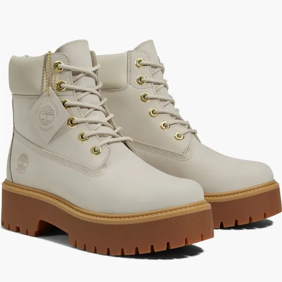 BNIB Timberland Stone Street 6” Waterproof Lace Up Leather Boots. Rainy (white).