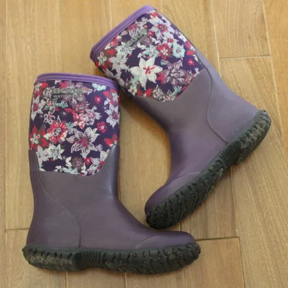 Bogs Rain Boots Range Flowers Purple Waterproof Neo Tech Youth Girls Size 2