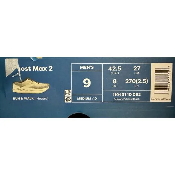 Brand New Men’s Brooks Ghost Max 2 Pelican Tan Beige Running 1104311D092 Size 9