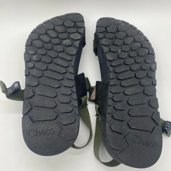 Chaco Men's size 11 Green Black Camo Strappy Sandals Outdoor Gorpcore Camping