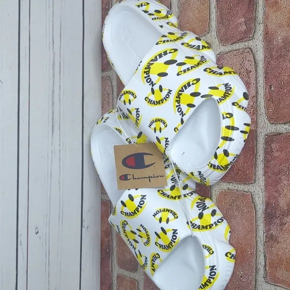 Champion Men's Meloso Squish Smile White and Yellow Slide Slip On Sandals