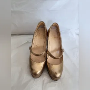 Christian Louboutin gold metallic and cork Mary Jane wedges size 35.5