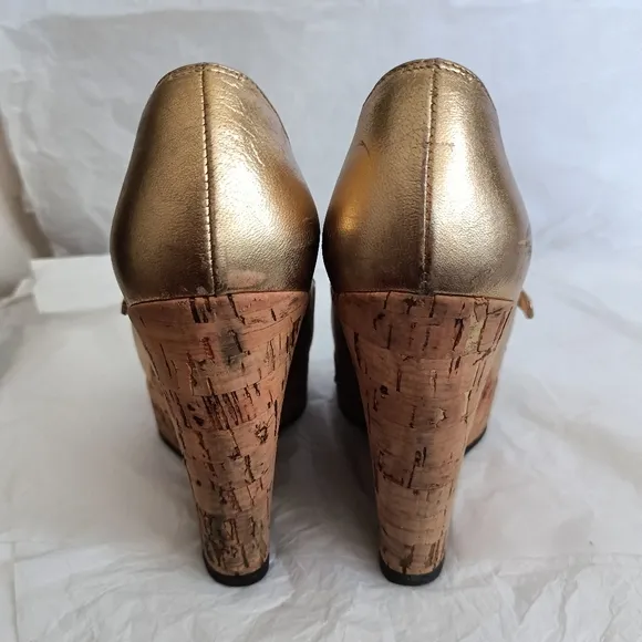 Christian Louboutin gold metallic and cork Mary Jane wedges size 35.5