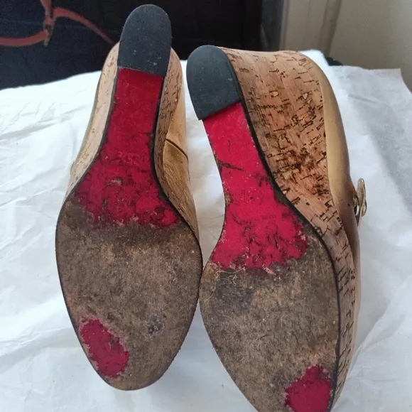 Christian Louboutin gold metallic and cork Mary Jane wedges size 35.5