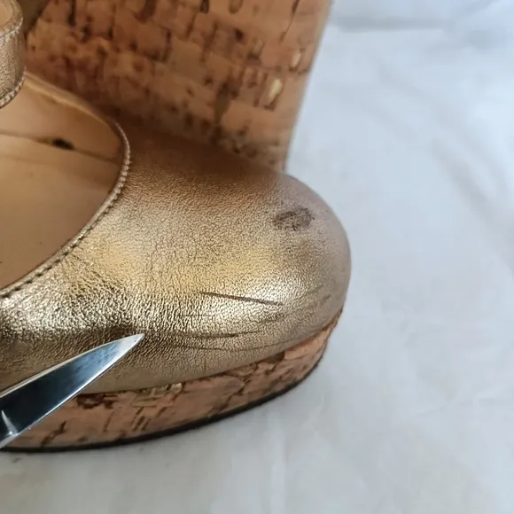 Christian Louboutin gold metallic and cork Mary Jane wedges size 35.5