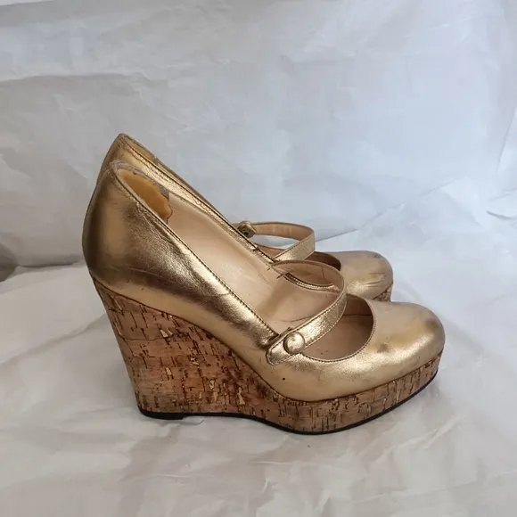 Christian Louboutin gold metallic and cork Mary Jane wedges size 35.5