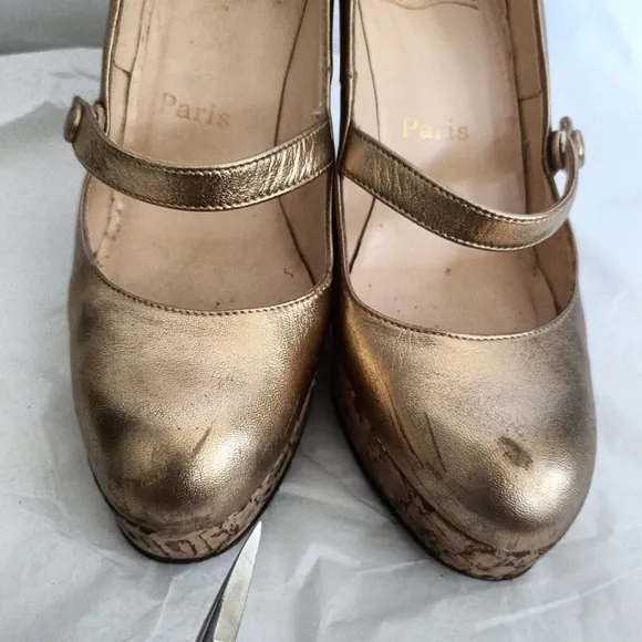 Christian Louboutin gold metallic and cork Mary Jane wedges size 35.5