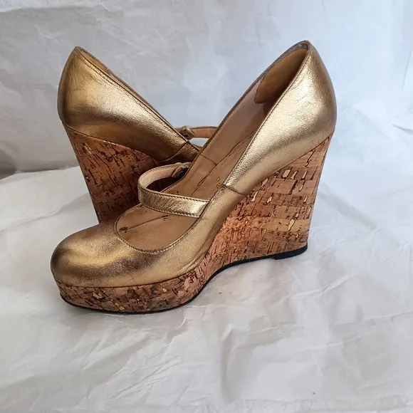 Christian Louboutin gold metallic and cork Mary Jane wedges size 35.5