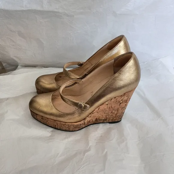 Christian Louboutin gold metallic and cork Mary Jane wedges size 35.5