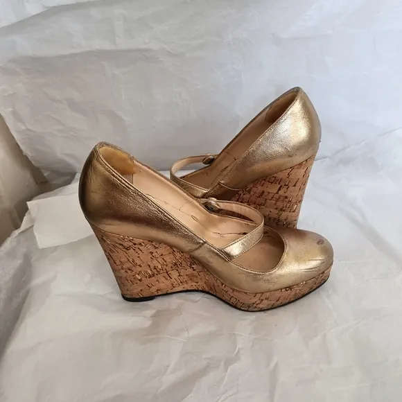 Christian Louboutin gold metallic and cork Mary Jane wedges size 35.5