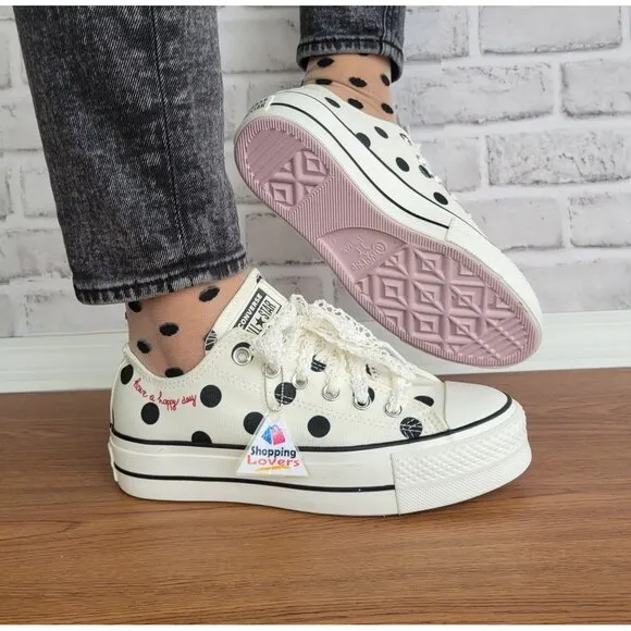⭐Chuck Taylor All Star Lift Platform Polka Dots Sz 7.5 Women Shoes White A10689C
