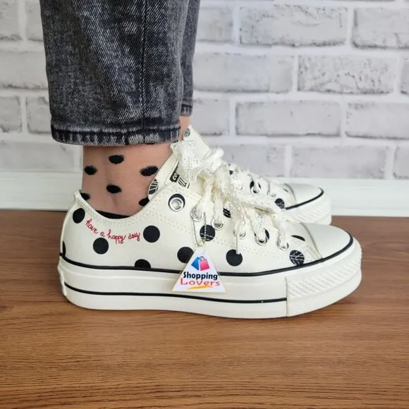 ⭐Chuck Taylor All Star Lift Platform Polka Dots Sz 7.5 Women Shoes White A10689C
