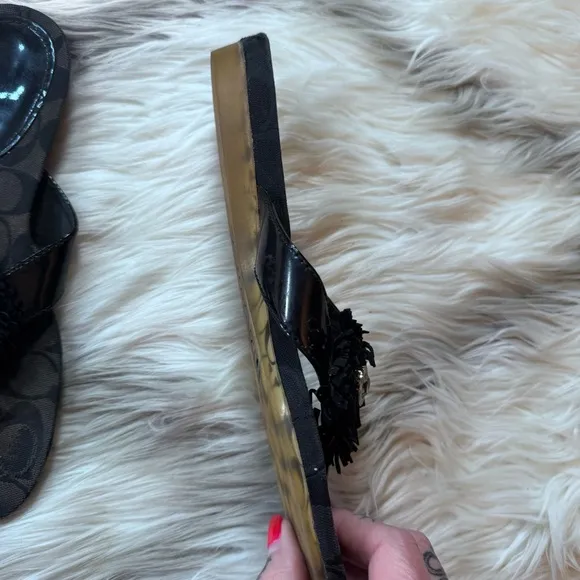 Coach Suki Black Plush Sandals with Silver Embellishment