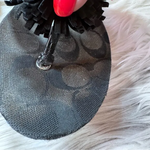 Coach Suki Black Plush Sandals with Silver Embellishment