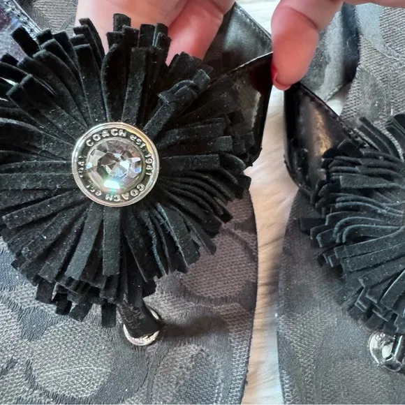 Coach Suki Black Plush Sandals with Silver Embellishment