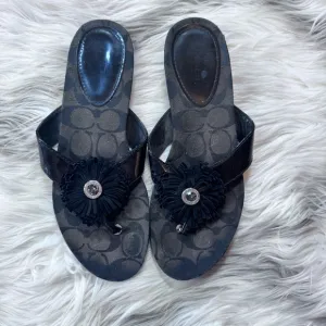 Coach Suki Black Plush Sandals with Silver Embellishment