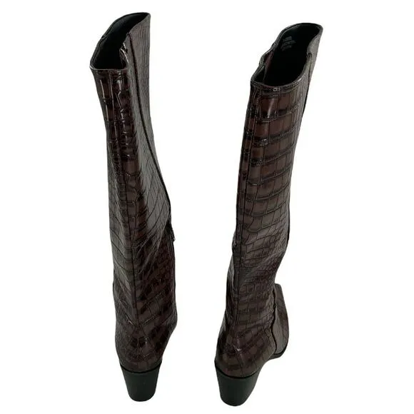 Comfort Faux Crocodile Print Boots Womens Brown Knee High Block Heel Size 7M