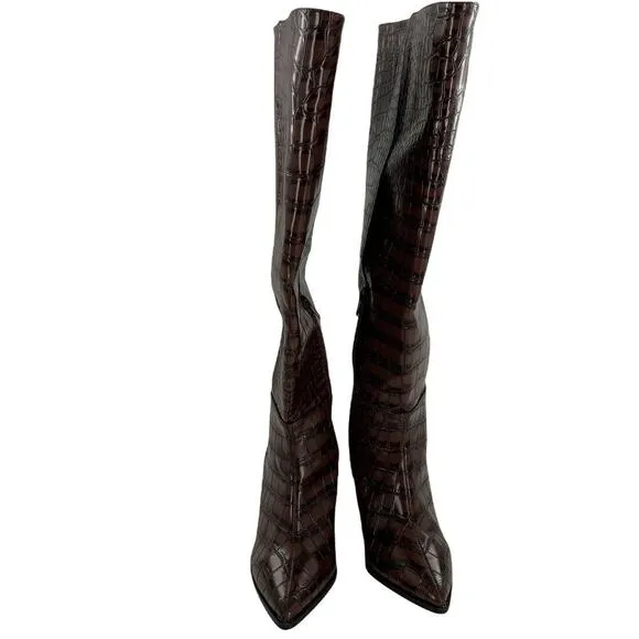 Comfort Faux Crocodile Print Boots Womens Brown Knee High Block Heel Size 7M