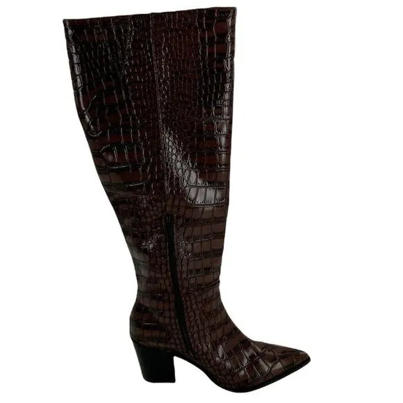 Comfort Faux Crocodile Print Boots Womens Brown Knee High Block Heel Size 7M
