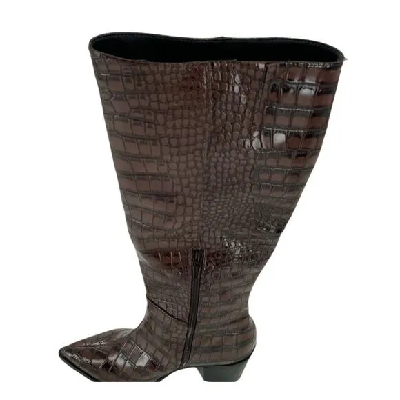 Comfort Faux Crocodile Print Boots Womens Brown Knee High Block Heel Size 7M