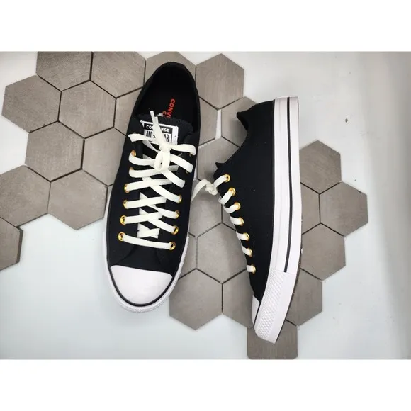 Converse CTAS High Street OX All Black White Gold Eyelets Men's Sz 11.5 Shoes
