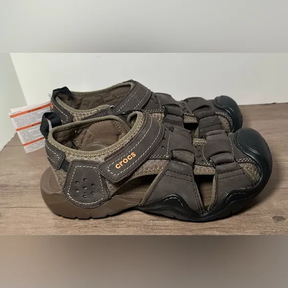 Crocs Swiftwater Fisherman Men's Brown Leather Sandals M8 W 10 Unisex NWT.